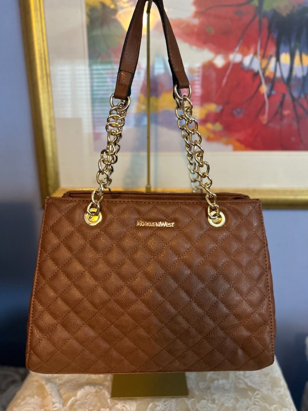 Montana West Quilted Gold Chain Handbag Cognac/Brown Purse NWT